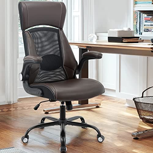 Clearance Executive Office Chair, Ergonomic Leather Desk Chair - Widened Adjustable Headrest with Flip-Up Arms, High Back Computer Swivel Task Chair with Lumbar Support, Brown