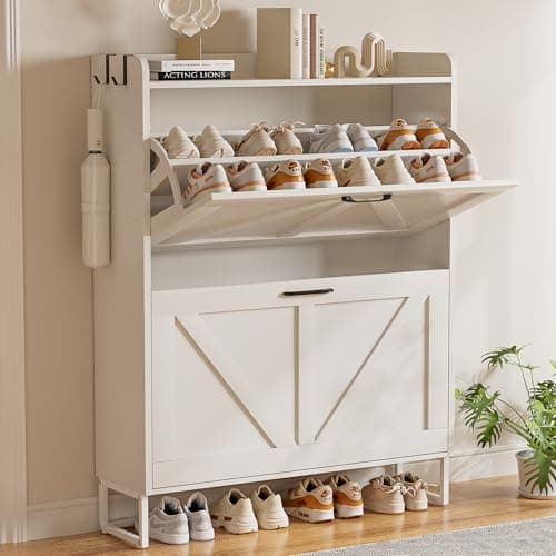EOYUTLLY Shoe Cabinet for Entryway with 2 Flip Drawers,Narrow Wooden Shoe Storage Cabinet with Metal Legs,Hold 24 Pairs, 4-Tier Adjustable Shelves–Freestanding Hidden Shoe Organizer for Hallway, Foyer