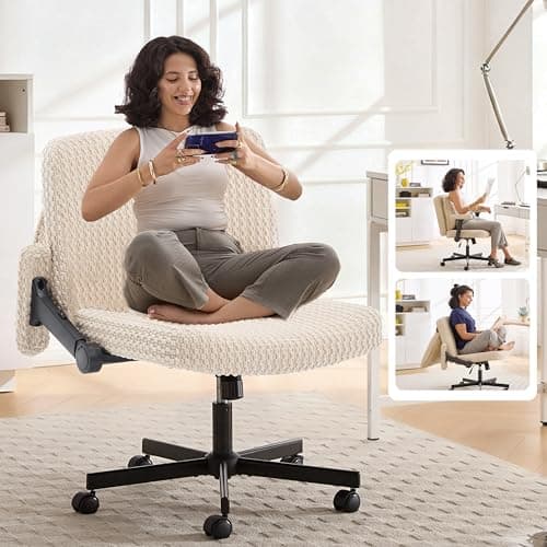 Fizzin Criss Cross Chair,Cross Legged Chair with Wheels and Arms,27" Extra Wide Seat Office Desk Chair with Flipable Back Cushion,Mid Back Beige Swivel Chair for Home Office,Bedroom Vanity(Beige)