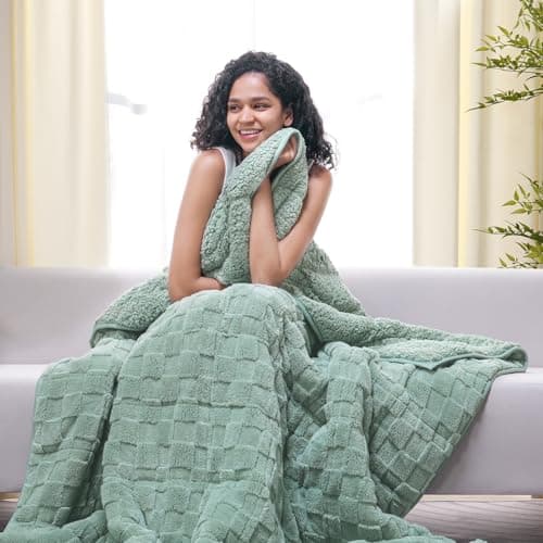 Drewin 15lbs Weighted Blanket Queen Size, Classy Soft Jacquard Checkered Sherpa Weighted Blankets for Sleep Natural and Calming, Cozy Fluffy Heavy Blanket for Sofa Bed, 60 x 80 inches, Sage Green