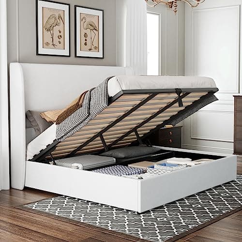Jocisland King Size Bed Frame with Storage - Upholstered Lift Platform Bed, Wingback Headboard, Hydraulic System, No Box Spring Needed, Wood Slats Support, White