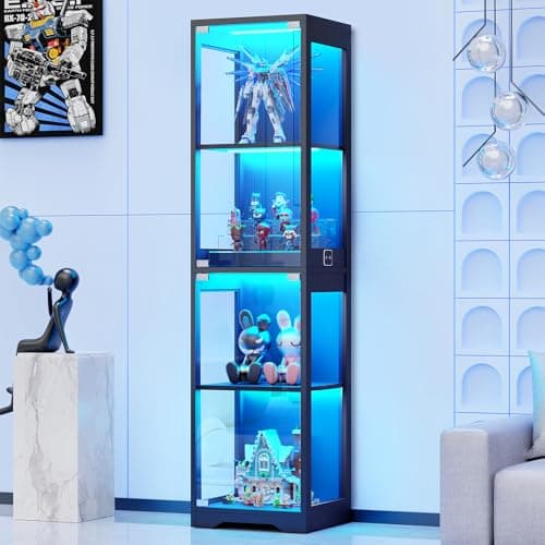 BROTTAR Glass Display Cabinet, 4-Tier Curio Cabinets with 3 Color Lights for Collectibles, Storage Cabinet with Door, Glass Display Case & Bookcase with Human Body Sensor, Black