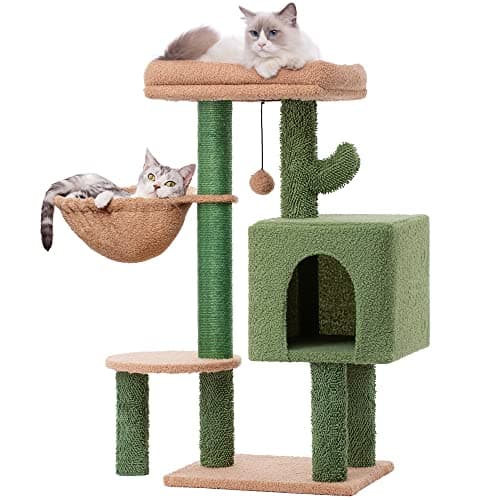 MeowSir Cactus Cat Tree 34 Inches Small Cat Tower with Padded Top Perch, Comfy Hammock, Private Condo, Fully Scratching Post and Dangling Bell Ball for Indoor Cats- Khaki