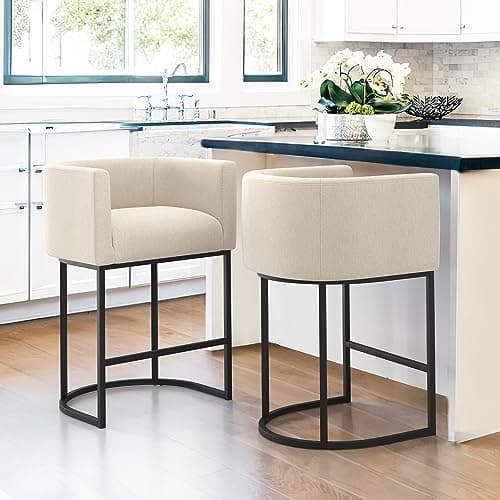 LUE BONA 27" H Counter Height Bar Stools Set of 2, Modern Barrel Counter Stools with Backrest and Arms, Black Metal Frames, Linen Fabric Upholstered Accent Barstools for Kitchen Island, Linen Color