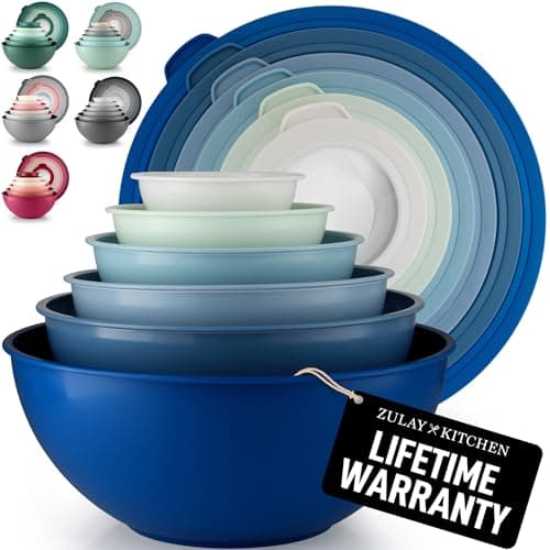 Zulay Kitchen 12 Piece Plastic Mixing Bowls with Lids Set - Leak-Proof Microwave & Freezer Safe Stackable Mixing Bowl Set for Preparing, Serving and Storing - Non-Slip Large Nesting Bowls (Blue Ombre)