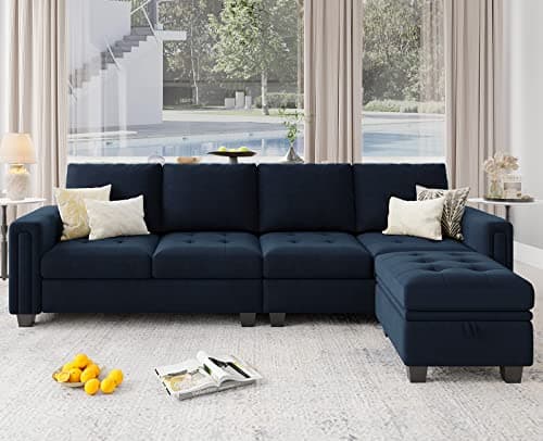 Belffin Velvet Reversible Sectional Sofa with Chaise Convertible L Shaped 4-seat Sectional Couch with Storage Ottoman Blue