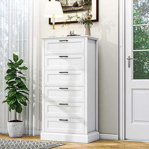 biukpci Tall White 6 Drawer Dresser, Wood Vertical Chest of Drawers for Bedroom, 55" H Modern Lingerie Dressers for Closet, Living Room, Hallway and Home Office