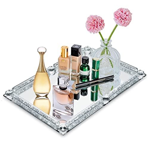 YCWF Mirror Perfume Tray for Dresser,Crushed Diamond Filled Glass Vanity Tray,Decorative Bathroom Tray,Crystal Tray for Home Decorative,Party,Hotel Banquet,11.8"x 7.9"x1.2",Silver