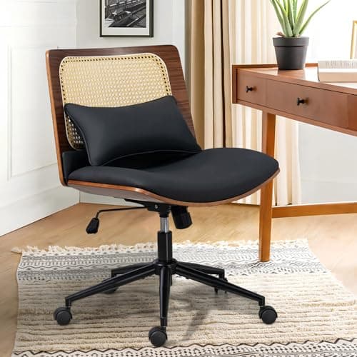 LONWIK Armless Rattan Office Desk Chair with Wheels, PU Leather Modern Walnut Adjustable Wide Swivel Task Chair, Ergonomic Cross Legged Chair for Meeting Room, Home Office (Black)