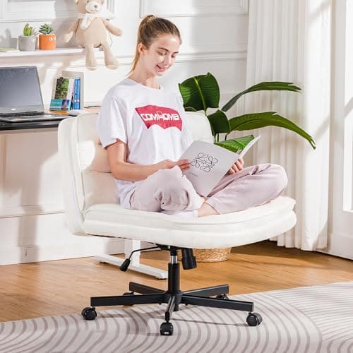 COMHOMA Cross Legged Office Chair with Wheels Armless-Office Desk Chair, Modern Vanity Computer Task Chairs for Home Bedroom, Comfortable Wide Seat for Lower Back Pain Relief, Soft Velvet, Beige