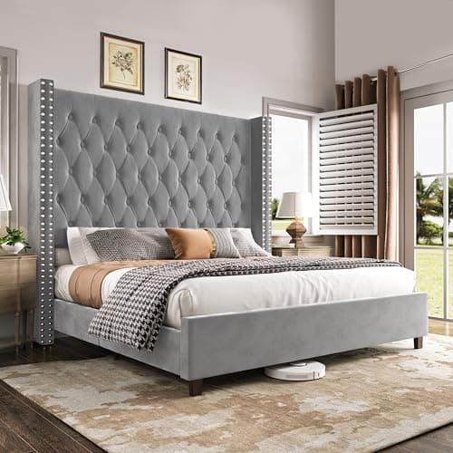 PaPaJet Queen Size Bed Frame with 61.4" Tall Headboard, Velvet Upholstered Platform and Handmade Deep Button Tufting, No Box Spring Required, Grey