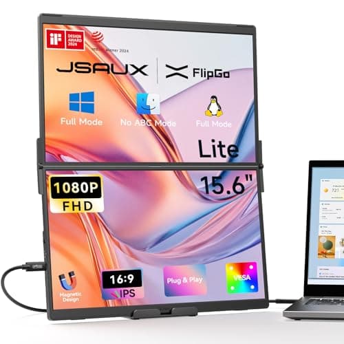 JSAUX FlipGo Lite 15.6" Portable Dual Stacked Monitor, 1080P FHD IPS Laptop Screen Extender One Cable for Triple Monitor Setup (For Windows&Linux) with Magnetic Design, Built-in Hub,No Driver Required