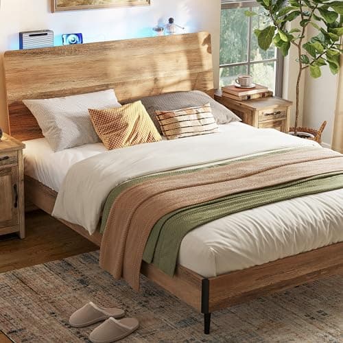 LINSY Wood Bed Frame, Queen Bed Frame with Headboard LED, Wooden Platform Frames with Charging Station, No Box Spring Needed, Easy Assembly, Rustic Brown