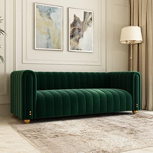 Emerald Green Velvet Couch, 80 Inch Wide Mid-Century Modern Tufted Upholstered Sofa with Golden Leg, 3 Seat Big Comfy Couch for Living Room