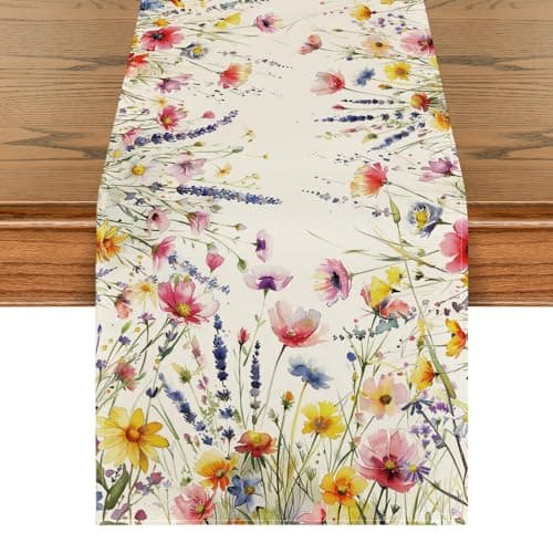 Artoid Mode Daisy Lavender Floral Leaves Spring Table Runner, Summer Kitchen Dining Table Decoration for Home Party Decor 13x72 Inch