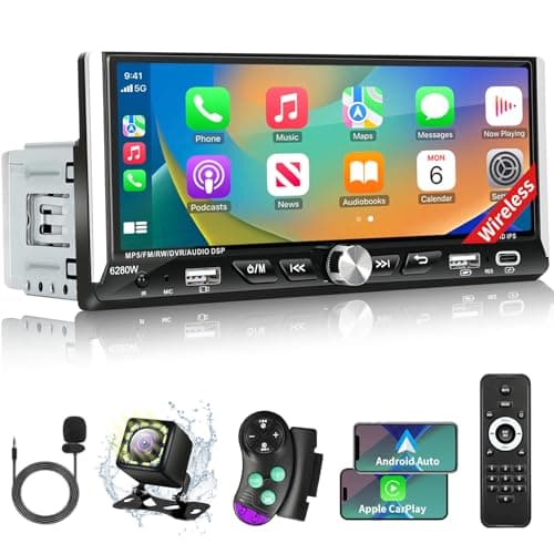 Single Din Car Stereo with Wireless Apple Carplay Android Auto, 6.9" IPS Touchscreen Car Stereo with Bluetooth 5.2 Handsfree Mirror Link Backup Camera GPS Navigation Dual USB Fast Charge FM AM EQ SWC