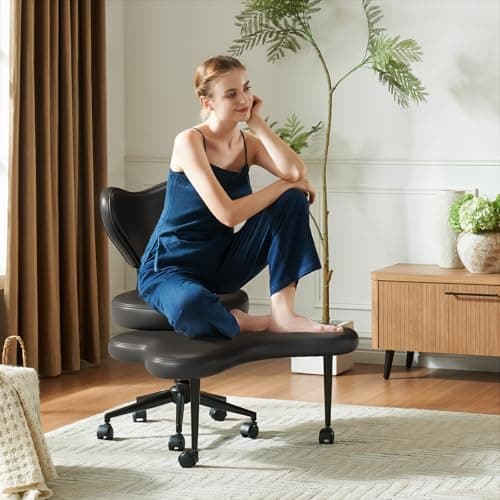 Pinmoco Ergonomic Cross Legged Chair, 360° Swivel Meditation Chair with Wheels, Height Adjustable Seat for ADHD, Strong Lumbar Support, Chic Home Office Furniture, PU Leather, Black