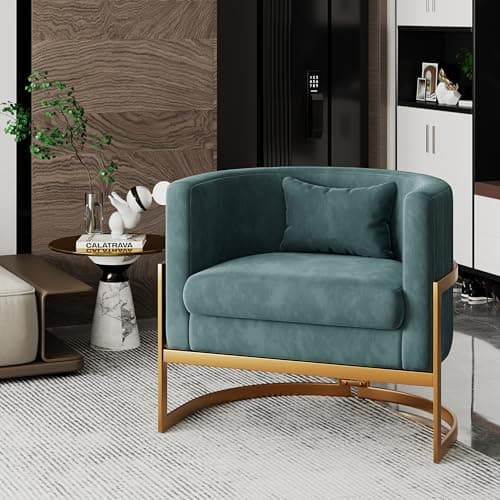 Alunaune Modern Velvet Barrel Accent Chair Upholstered Armchair, Mid Century Living Room Chairs Sofa Tub Bucket Club Lounge Side Chair for Bedroom-Lake Blue