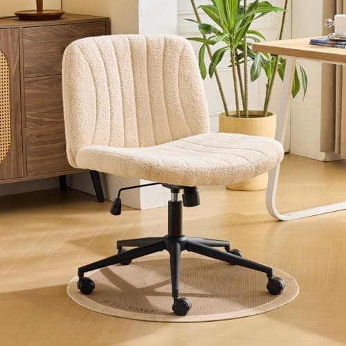 Karl home Criss Cross Chair Armless Desk Chair with Wheels Cross Legged Office Swivel Chair Wide Adjustable Comfy Padded Vanity Chair with Dual Purpose Base, Teddy Fleece Khaki