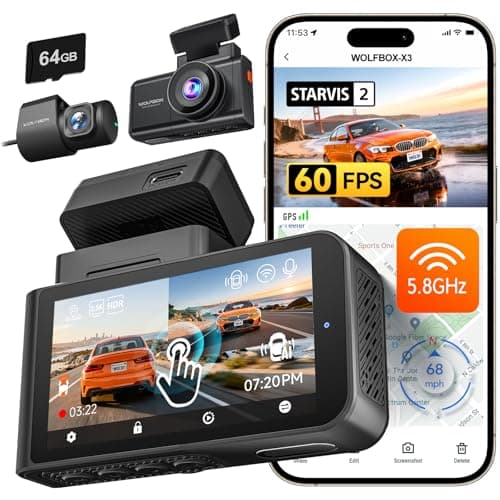 WOLFBOX X3 2.5K 1440P 60FPS Dash Camera, STARVIS 2 IMX675 with ADAS, 1440P+1080P Dual Dashcam Front and Rear Camera 5MP with Built-in 5.8GHz WiFi & GPS, 64GB Card, Touch Screen, G-Sensor, Loop Record