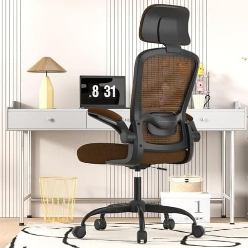 Ergonomic Mesh Home Office Chair | High Back Computer Desk Chair with Adjustable Lumbar Support & Headrest | Swivel Task Chair with Flip-Up Armrests for Home & Office, Brown