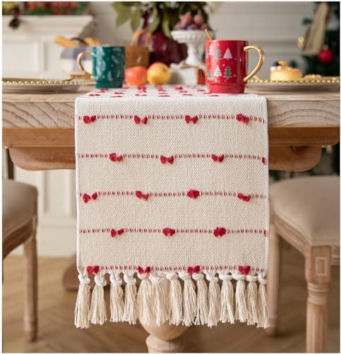 Caflife Christmas Valentines Table Runner 72 Inchs Long for Farmhouse Room Home Valentine's Day Decorations, Boho Red Table Runner, Natural Cotton Woven for Holiday Kitchen and Dining Table Decor