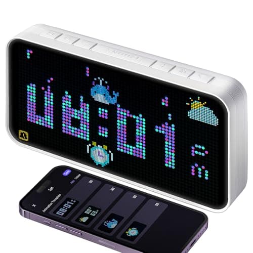PixelRise Smart Alarm Clock for Bedroom, Cool Pixel Art LED Dot Matrix Display - Weather Temperature Animation, Loud Dual Alarm for Heavy Sleeper, Sleep White Noise, WiFi Weather & Time Sync,