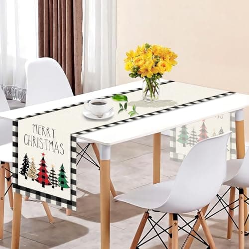 WDong Christmas Trees Table Runner, Buffalo Plaid Farmhouse Christmas Decor, Black and White Christmas Table Decorations for Indoor Home Party Decor 13 x 72 Inch