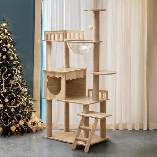 54-Inch Cat Tower,Multi-Level Pure Wood-Modern Cat Tree Tower with Condo, Cat Stairs, Bowl,9 Sisal Scratching Posts, Top Perch, Toy Balls,Cat Tree for Indoor Cats Large Adult (KT-1022)