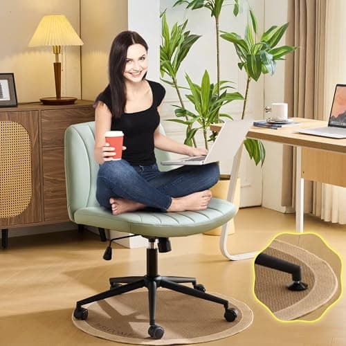 VINGLI Criss Cross Legged Chair,Wide Comfy Office Desk Chair,Dual-Use with/no Wheels Computer Task Chair,Swivel Armless Vanity Rolling Chair for Study,Make Up,Home Office,Cat Scratch PU,Mint Green