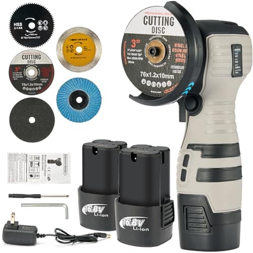 Cordless Portable Angle Grinder with 2pcs 16.8V 2.0Ah Battery 5-Cutting Discs, Power Angle Grinder for Wood Metal Stone Concrete, Mini Electric Angle Grinding Tool, Grinder Handheld Cutter (Brush New)