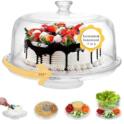 7 in 1 Rotating Multifunctional Acrylic Cake Stand with Lid & Cake Turntable for Decorating (12") - Turntable Decorating Kit Serving Salad Bowl/Veggie Platter/Punch Bowl/Desert Platter - BPA Free