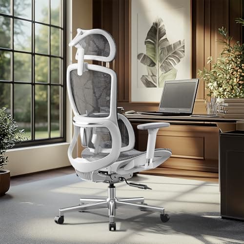 Hbada E2 Ergonomic Office Chair, Big and Tall Mesh Office Chair with 6-Way Dynamic Lumbar Support, 3D Adjustable Armrests, 3D Adjustable Headrest, High Back for Gaming Chair, White(No Footrest)