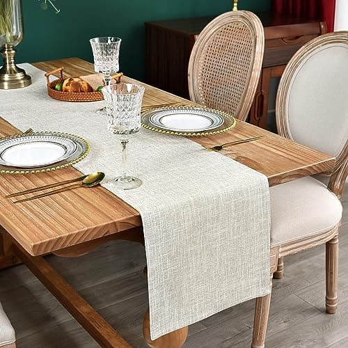 Farmhouse Rustic Faux Linen Table Runner Neutral Beige Table Runners Double Layer Reversible Rectangle Runners for Daily Use Kitchen Dining Banquet Holiday 13x48 Inch