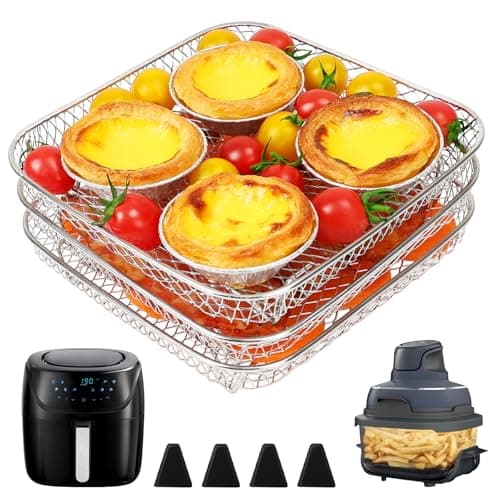 BYKITCHEN 7 Inch Air Fryer Rack Fit for Ninja Crispi/Ninja Pro 5QT/ Cosori 5QT/ Chefman 5-6QT Airfryer &More, Air Fryer Accessories, 3pcs Stackable Stainless Steel Airfryer Basket with Silicon Feet