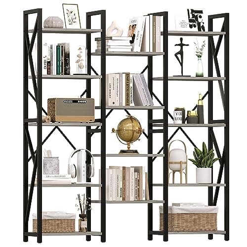 Triple-Wide 5-Tier Bookshelf: Standing 70.8” Tall, This Bookcase Offers 14 Open Shelves and An Industrial-Style Design with a Sturdy Metal Frame, Perfect for Your Home Office, Study, or Living Room