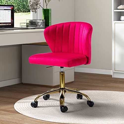 TINA'S HOME Office Desk Chairs with Wheels & Gold Base, Modern Velvet Cute Armless Office Chair, Adjustable Low Back Swivel Rolling Chair, Upholstered Task Chair for Living Room Vanity Study-Fushia
