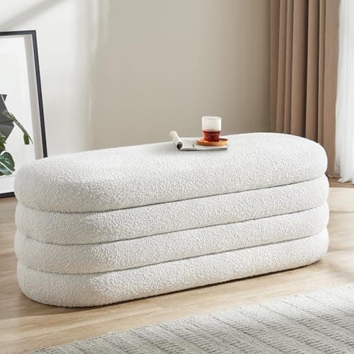 BFD Storage Ottoman Bench 49.2 Inch Upholstered Fabric End of Bed Storage Bench Aesthetic Large Foot of Bed Storage Bench for Bedroom Living Room Entryway (Ivory)