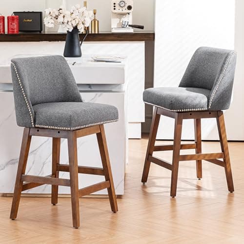 ELUCHANG Counter Height Swivel Barstools, 26"H Upholstered Bar Stool with Back Set of 2,Solid Wood Legs with Footrest,Premium Linen Fabric Bar Chairs for Kitchen Island,Dining Room,Home Bar,(Gray,2PC)