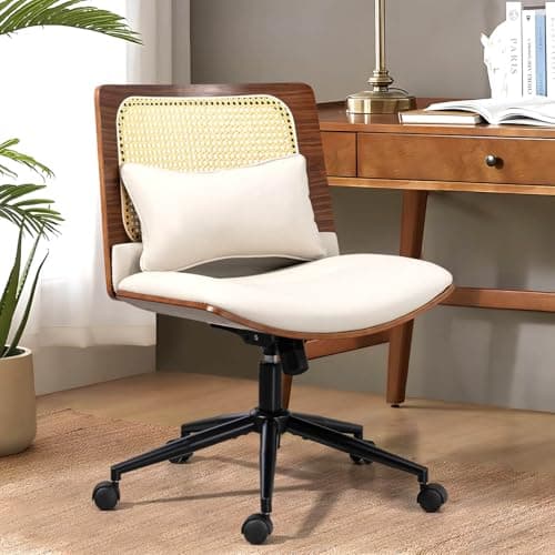 WQSLHX Rattan Office Desk Chair, Criss Cross Chair with Wheels, Cane Back & Wood Frame in Walnut, Swivel Computer Task Chair with Wide Seat & Lumbar Pillow, Beige Faux Leather Upholstered