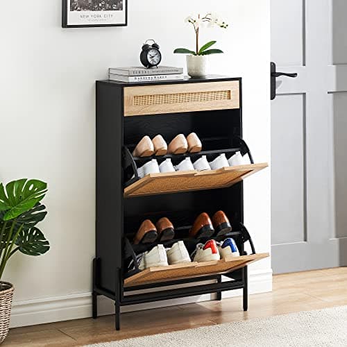 coucheta 2 Flip Drawers Shoe Storage Cabinet with 1 Drawer, Rattan Shoe Organizer with Metal Legs, Freestanding Narrow Shoe Rack Cabinet for Entryway, Black