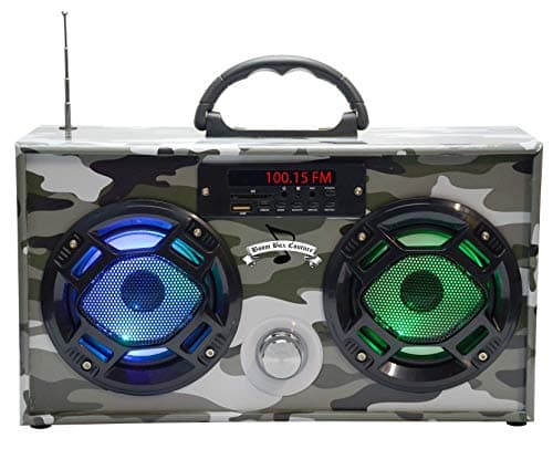 Wireless Express - Mini Boombox with LED Speakers – Retro Bluetooth Speaker w/Enhanced FM Radio - Perfect for Home and Outdoor (Green Camo)