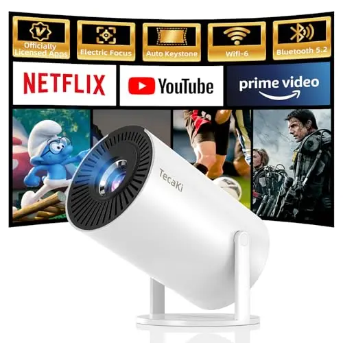 Tecaki Projector, Home Use, Android TV and APP Compatible, 270° Rotation, Ceiling Projection, Automatic Keystone Correction, Bluetooth 5.2 Electric Focus K8 (4 ONLY, Bluetooth and WIFI )