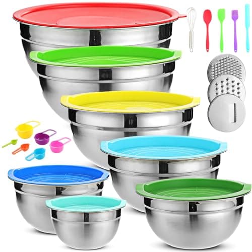 Mixing Bowls with Lids Set, 7PCS Mixing Bowl set for Baking Cooking Prepping & Food Storage, Stainless Steel Mixing Bowls Multi-Color, Includes Measuring Cups Spoon brush whisk and Bowls for Kitchen