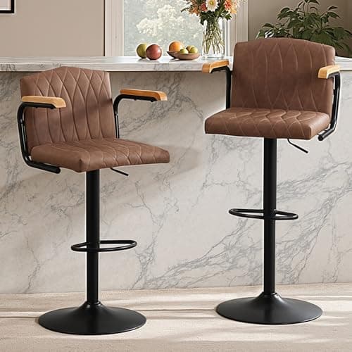 VECELO Adjustable Swivel Bar Stools Set of 2, Upholstered Faux Leather Bar Chairs with Back & Armrests, Modern Disc Base Barstools for Kitchen Island & Bar