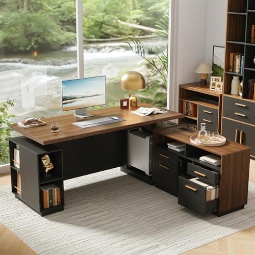 ModernMate 71" Standing Desk with 2 File Cabinet, AC/USB, 1.18" Desktop, L Shaped Height Adjustable Desk, Electric Furniture Set with Multiple Functions for Home and Office, Black Walnut