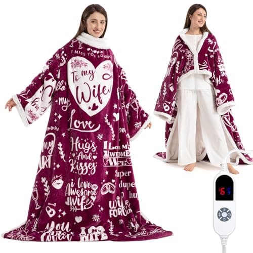Wearable Heated Blanket for Women, Unique Christmas Birthday Gift for Wife, Electric Throw Blanket with Sleeves, Foot Pocket, Heated Robe for Mom, 3 Heat-Level & Timer, ETL Safe Best Wife Ever Magenta