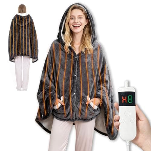 Qieryun Heated Blanket Wearable Electric Throw, Heated Robe Poncho Blanket Hoodie for Adult, Electric Heated Wrap Poncho Shawl with Pockets, 10 Heating Levels & 8 Hours Time Settings, 40'' X 70''