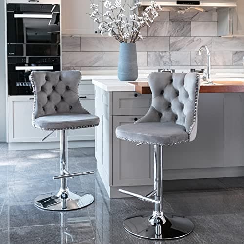 Aowos Swivel Bar Stools Set of 2, Adjustable Velvet Counter Height Barstools for Kitchen Island Dining Room, Modern Bar Chairs with Back, Nailheads Trim, Button Tufted, Gray + Sliver Legs