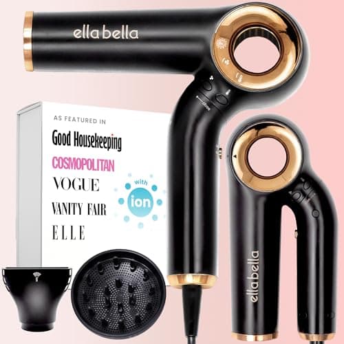 ELLA BELLA® Professional Ionic Hair Dryer (Foldable) • Negative Ion Blow Dryer • Perfect for Travel • Intelligent Heat Control & Rapid Drying Speeds • Lightweight Design • Low Noise Technology